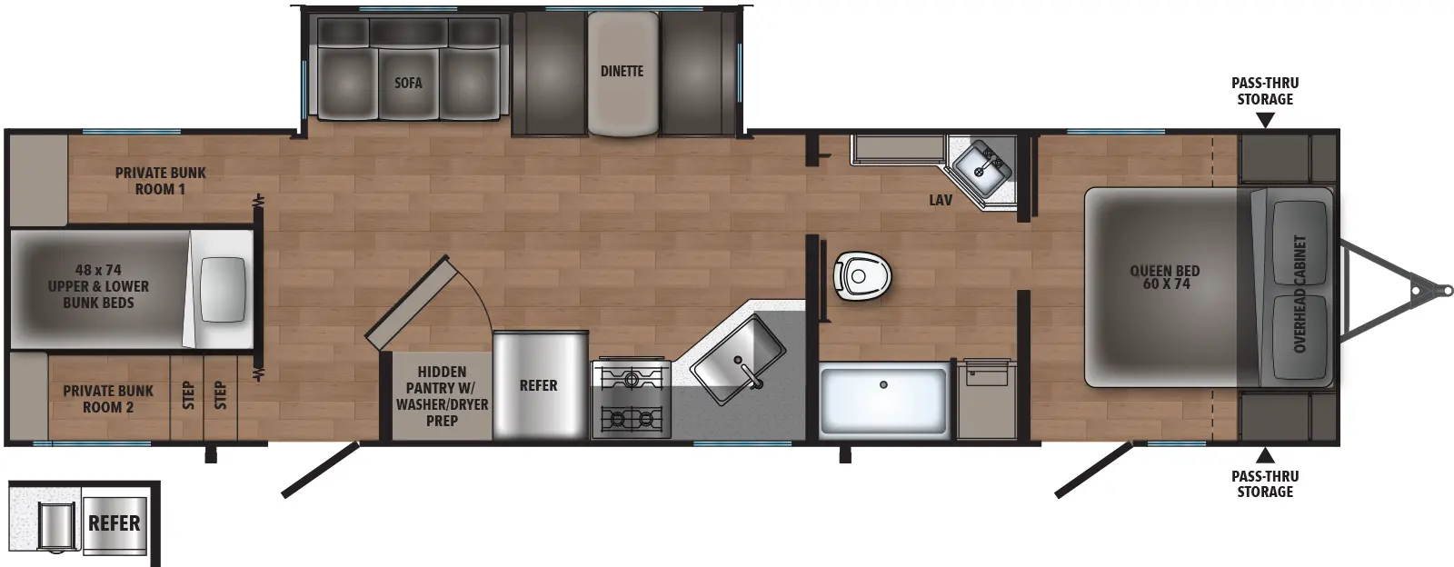 The Shasta I-5 Edition & Compact 533BH floorplan has one entry and one slide out. Exterior features include: metal exterior and outside kitchen. Interiors features include: bunk beds, front bedroom and pass through bathroom.
